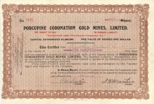 Porcupine Coronation Gold Mines, Limited - Stock Certificate