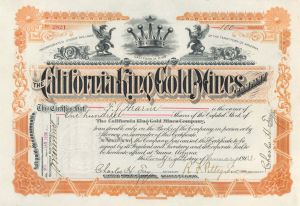 California King Gold Mines Co. - Territory of Arizona Stock Certificate