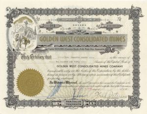 Golden West Consolidated Mines - Stock Certificate
