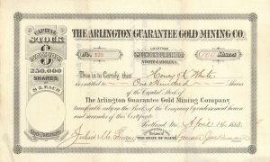 Arlington Guarantee Gold Mining Co. - 1883 dated North Carolina Mining Stock Certificate - Mines located in Mecklenburgh County, North Carolina