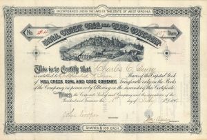 Mill Creek Coal and Coke Co. - 1892 dated Mining Stock Certificate - Mill Creek, West Virginia