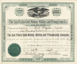 San Pedro Gold Mining Milling and Prospecting Co. - Stock Certificate