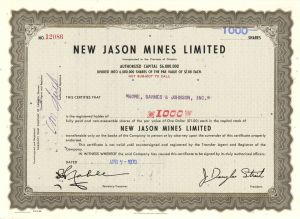 New Jason Mines Limited - Mining Stock Certificate