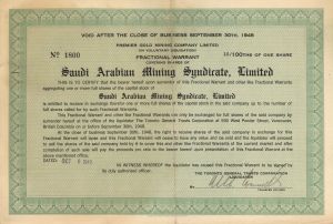 Saudi Arabian Mining Syndicate, Limited - Mining Stock Certificate