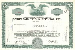 Sitkin Smelting and Refining, Inc. - 1968-1978 dated Mining Stock Certificate