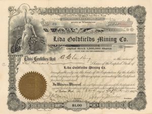 Lida Goldfields Mining Co. - 1905 dated Mining Stock Certificate