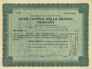 Acme Copper Hills Mining Co. - Stock Certificate