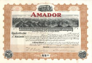 Amador Consolidated Mining and Development Co. - 1908 Stock Certificate