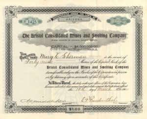 Bristol Consolidated Mines and Smelting Co. - 1910 Mining Stock Certificate