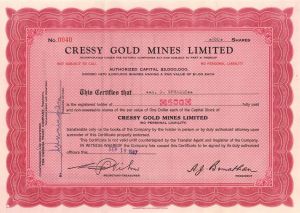 Cressy Gold Mines Ltd. - 1947 Mining Stock Certificate