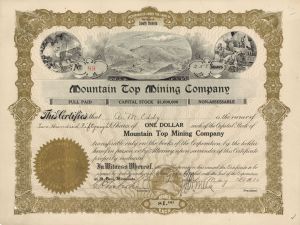 Mountain Top Mining Co. - 1910 Mining Stock Certificate