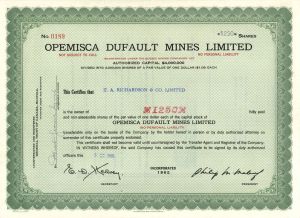Opemisca Dufault Mines Ltd. - 1966 dated Canadian Mining Stock Certificate