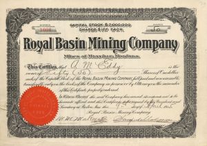 Royal Basin Mining Co. - 1915 Mining Stock Certificate