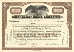 Sierra Nevada Mining Corp. - 1937 dated Mining Stock Certificate