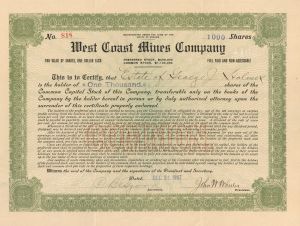 West Coast Mines Co. - 1907 Mining Stock Certificate