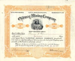 Ojibway Mining Co. - 1907 dated Michigan/Canada Mining Stock Certificate - Very Beautiful Indian Vignette