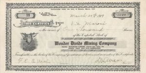 Wonder Divide Mining Co. - 1919 dated Stock Certificate