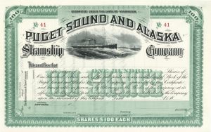 Puget Sound and Alaska Steamship Co. - 1890's circa Gorgeous Green Stock Certificate - Part of the Northern Pacific Railroad Archive