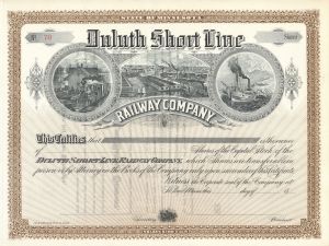 Duluth Short Line Railway Co. - Unissued Minnesota Railroad Stock Certificate - Gorgeous Vignette