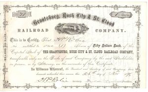 Grantsburg, Rush City & St. Cloud Railroad Co. - 1878-98 dated Minnesota Railway Stock Certificate - Part of the Northern Pacific Railway System