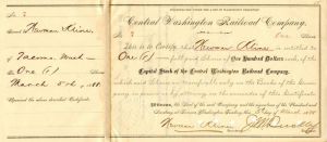Central Washington Railroad Co. - Northern Pacific Archive - Issued Railroad Stock Certificate - Washington Territory