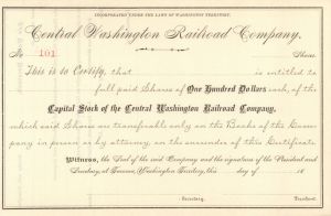 Central Washington Railroad Co. - Northern Pacific Archive - Circa 1880's Unissued Railroad Stock Certificate - Washington Territory