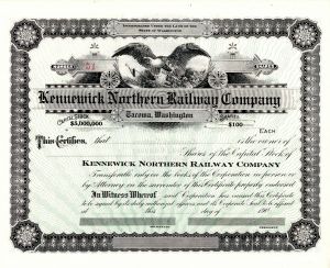 Kennewick Northern Railway Co. - Northern Pacific Archive - Unissued Railway Stock Certificate - Washington State