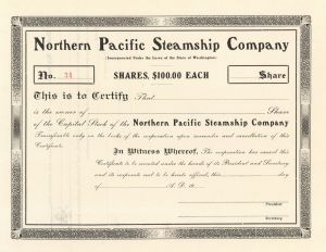 Northern Pacific Steamship Co. - Unissued Steamship Stock Certificate - Washington State - Northern Pacific Archive