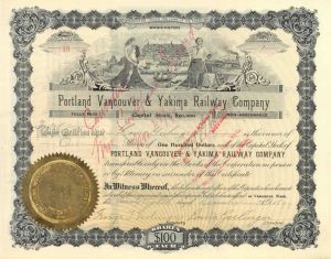 Portland Vancouver and Yakima Railway Co. signed by Louis Gerlinger - Railroad Stock Certificate