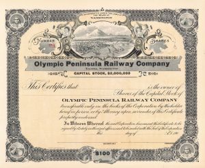 Olympic Peninsula Railway Co. - Northern Pacific Archive - Unissued Railroad Stock Certificate - Washington State