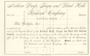 Northern Pacific, Fergus and Black Hills Railroad - Unissued Railway Stock Certificate - Branch Line of the Northern Pacific Railroad