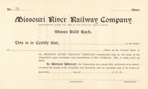 Missouri River Railway Co. - Stock Certificate