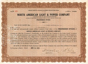 Clement Studebaker, Jr - North American Light and Power Co - Stock Certificate