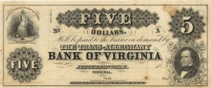 The Trans-Alleghany Bank of Virginia $5 - Obsolete Banknote