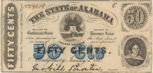 State of Alabama 50 Cents - 1863 dated Obsolete Paper Money - Will Pay to Confederate States
