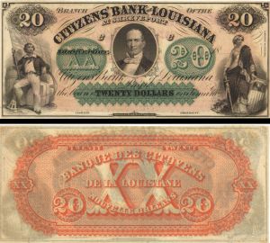 Citizens' Bank of Louisiana $20 Obsolete Note - Broken Banknote - US Currency - Shreveport, Louisiana
