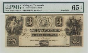 Tecumseh Bank $3 - Obsolete Note - Broken Banknote Remainder - SOLD