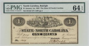 State of North Carolina $1 Note - 1863 dated Obsolete Bank Note - Raleigh, North Carolina - SOLD