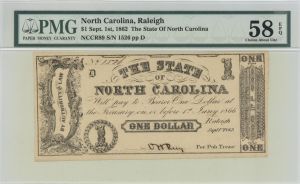 State of North Carolina $1 - 1862 dated Obsolete Note - Raleigh, North Carolina