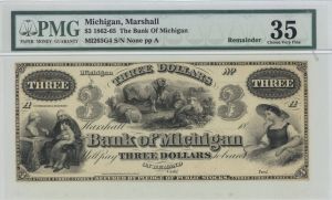 Bank of Michigan $3 - Obsolete Note - Broken Banknote Remainder - SOLD