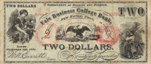 Yale Business College Bank - 2 Dollar Note - 1881 dated Obsolete Paper Money - New Haven, Connecticut
