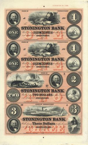 Stonington Bank Uncut Obsolete Sheet Circa 1800's - Broken Bank Notes