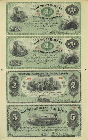 South Carolina Railroad Co.  - 1873 dated Uncut Obsolete Sheet - Broken Bank Notes