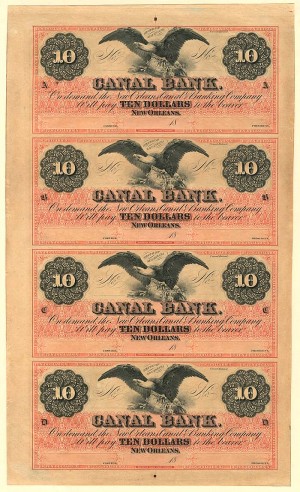 $10 Canal Bank - Uncut Obsolete Sheet of 4 Notes - Broken Bank Notes - Paper Money