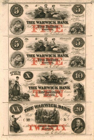 Warwick Bank - Uncut Obsolete Sheet - Broken Bank Notes - SOLD