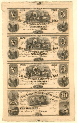 Merchants and Mechanics Bank of the City of Monroe - Uncut Obsolete Sheet - Broken Bank Notes - Monroe, Michigan