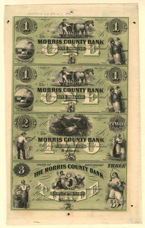 Morris County Bank - New Jersey Uncut Obsolete Sheet - Broken Bank Notes - SOLD