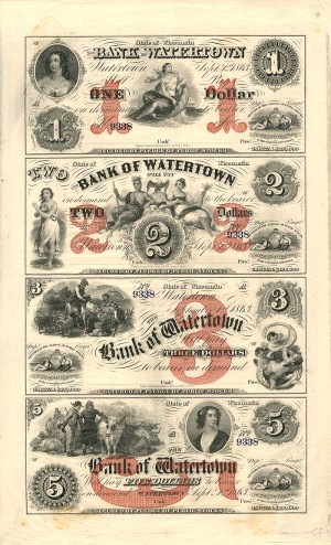 Bank of Watertown - Wisconsin Uncut Obsolete Sheet - Broken Bank Notes - SOLD