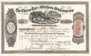 Cherry Tree Run and Oil Creek Oil Co. - 1865 dated Venango County, Pennsylvania Oil Stock Certificate - Company Relates to Charles Pratt