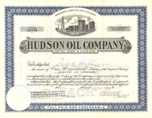 Hudson Oil Co. - 1924 dated Oil Stock Certificate